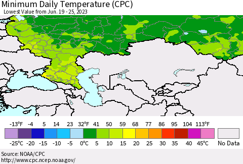 Russian Federation Minimum Daily Temperature (CPC) Thematic Map For 6/19/2023 - 6/25/2023