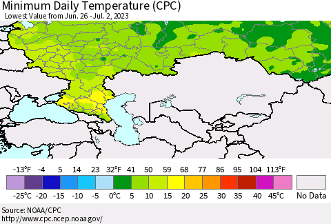 Russian Federation Minimum Daily Temperature (CPC) Thematic Map For 6/26/2023 - 7/2/2023