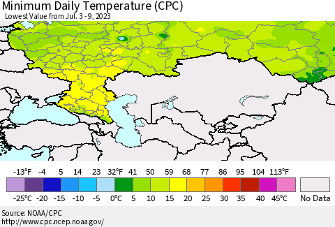 Russian Federation Minimum Daily Temperature (CPC) Thematic Map For 7/3/2023 - 7/9/2023