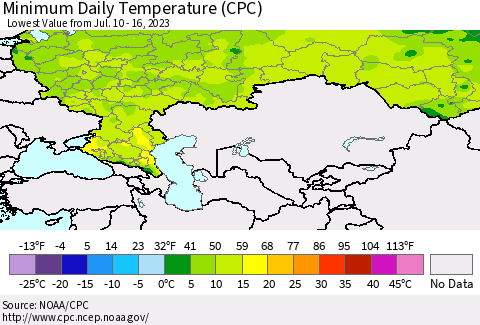 Russian Federation Minimum Daily Temperature (CPC) Thematic Map For 7/10/2023 - 7/16/2023