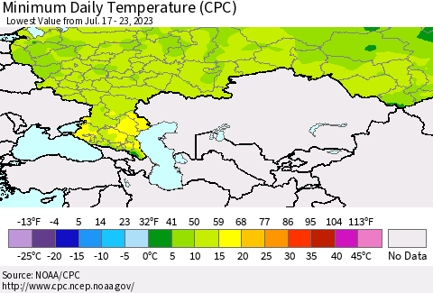 Russian Federation Minimum Daily Temperature (CPC) Thematic Map For 7/17/2023 - 7/23/2023