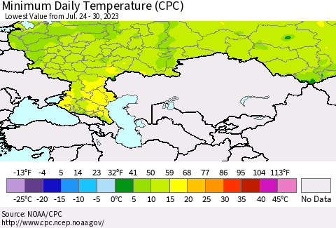 Russian Federation Minimum Daily Temperature (CPC) Thematic Map For 7/24/2023 - 7/30/2023