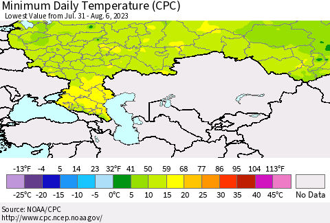 Russian Federation Minimum Daily Temperature (CPC) Thematic Map For 7/31/2023 - 8/6/2023