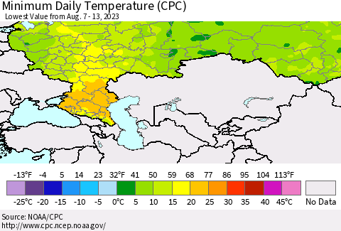 Russian Federation Minimum Daily Temperature (CPC) Thematic Map For 8/7/2023 - 8/13/2023