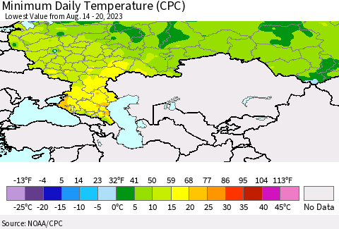Russian Federation Minimum Daily Temperature (CPC) Thematic Map For 8/14/2023 - 8/20/2023