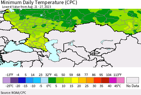 Russian Federation Minimum Daily Temperature (CPC) Thematic Map For 8/21/2023 - 8/27/2023