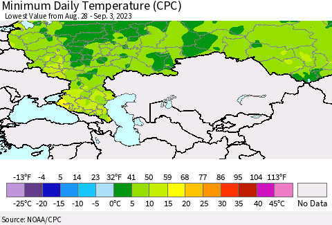 Russian Federation Minimum Daily Temperature (CPC) Thematic Map For 8/28/2023 - 9/3/2023