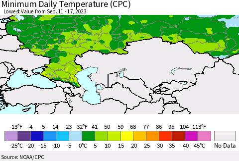 Russian Federation Minimum Daily Temperature (CPC) Thematic Map For 9/11/2023 - 9/17/2023