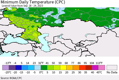 Russian Federation Minimum Daily Temperature (CPC) Thematic Map For 9/18/2023 - 9/24/2023