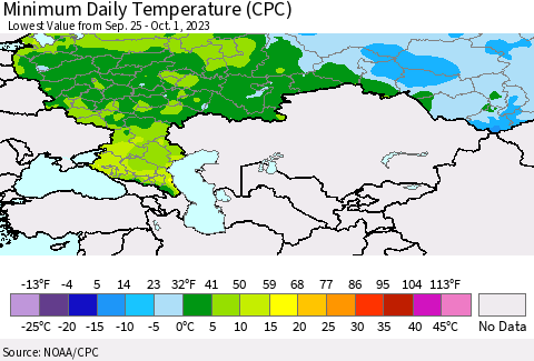 Russian Federation Minimum Daily Temperature (CPC) Thematic Map For 9/25/2023 - 10/1/2023
