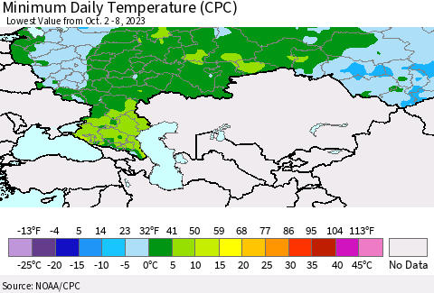 Russian Federation Minimum Daily Temperature (CPC) Thematic Map For 10/2/2023 - 10/8/2023