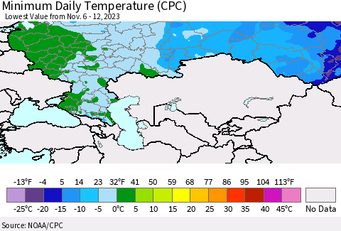 Russian Federation Minimum Daily Temperature (CPC) Thematic Map For 11/6/2023 - 11/12/2023
