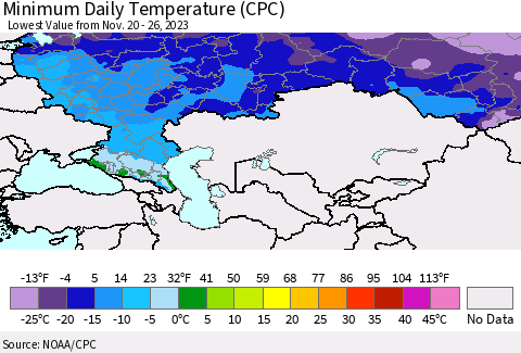 Russian Federation Minimum Daily Temperature (CPC) Thematic Map For 11/20/2023 - 11/26/2023