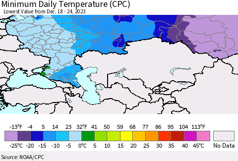 Russian Federation Minimum Daily Temperature (CPC) Thematic Map For 12/18/2023 - 12/24/2023