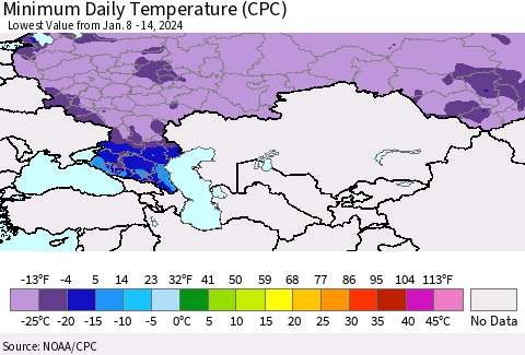 Russian Federation Minimum Daily Temperature (CPC) Thematic Map For 1/8/2024 - 1/14/2024