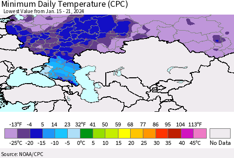 Russian Federation Minimum Daily Temperature (CPC) Thematic Map For 1/15/2024 - 1/21/2024