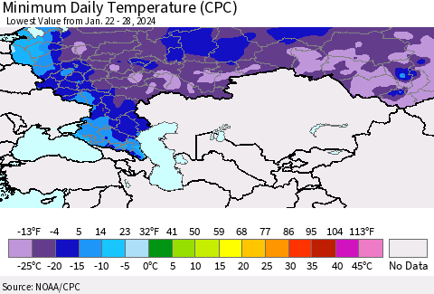 Russian Federation Minimum Daily Temperature (CPC) Thematic Map For 1/22/2024 - 1/28/2024