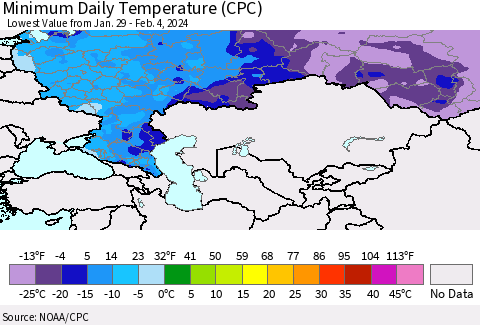 Russian Federation Minimum Daily Temperature (CPC) Thematic Map For 1/29/2024 - 2/4/2024