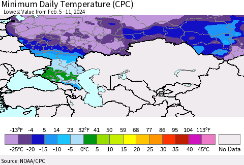 Russian Federation Minimum Daily Temperature (CPC) Thematic Map For 2/5/2024 - 2/11/2024