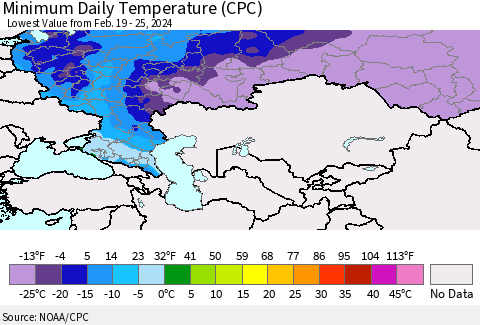 Russian Federation Minimum Daily Temperature (CPC) Thematic Map For 2/19/2024 - 2/25/2024