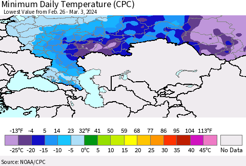 Russian Federation Minimum Daily Temperature (CPC) Thematic Map For 2/26/2024 - 3/3/2024