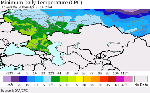 Russian Federation Minimum Daily Temperature (CPC) Thematic Map For 4/8/2024 - 4/14/2024