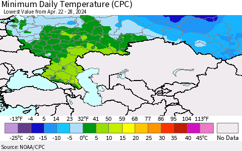 Russian Federation Minimum Daily Temperature (CPC) Thematic Map For 4/22/2024 - 4/28/2024