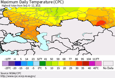 Russian Federation Maximum Daily Temperature (CPC) Thematic Map For 9/6/2021 - 9/12/2021