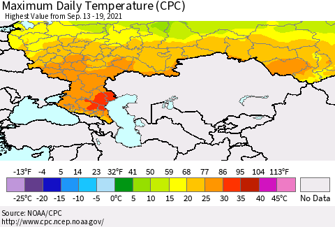 Russian Federation Maximum Daily Temperature (CPC) Thematic Map For 9/13/2021 - 9/19/2021