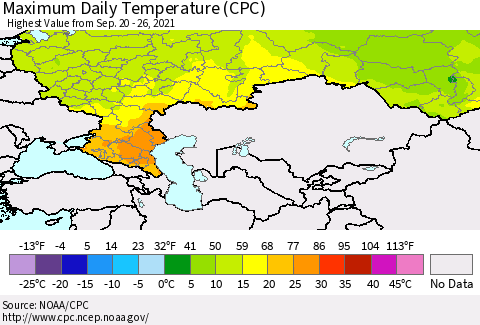 Russian Federation Maximum Daily Temperature (CPC) Thematic Map For 9/20/2021 - 9/26/2021