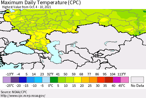 Russian Federation Maximum Daily Temperature (CPC) Thematic Map For 10/4/2021 - 10/10/2021