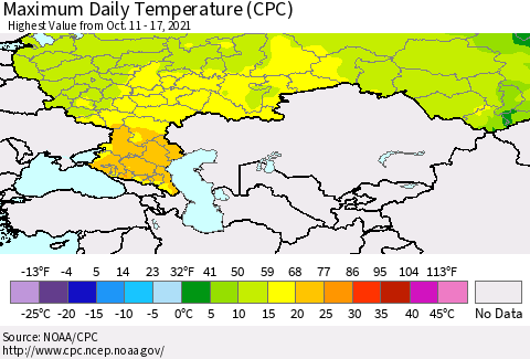Russian Federation Maximum Daily Temperature (CPC) Thematic Map For 10/11/2021 - 10/17/2021