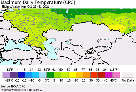 Russian Federation Maximum Daily Temperature (CPC) Thematic Map For 10/25/2021 - 10/31/2021