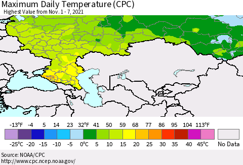 Russian Federation Maximum Daily Temperature (CPC) Thematic Map For 11/1/2021 - 11/7/2021