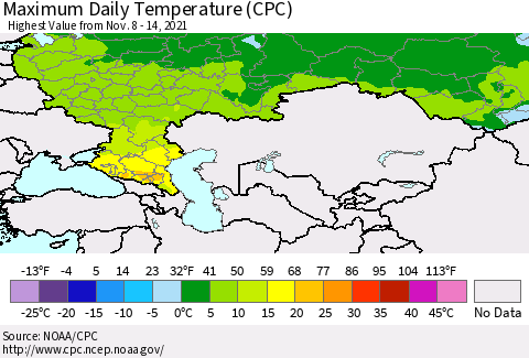 Russian Federation Maximum Daily Temperature (CPC) Thematic Map For 11/8/2021 - 11/14/2021