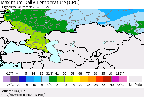 Russian Federation Maximum Daily Temperature (CPC) Thematic Map For 11/15/2021 - 11/21/2021