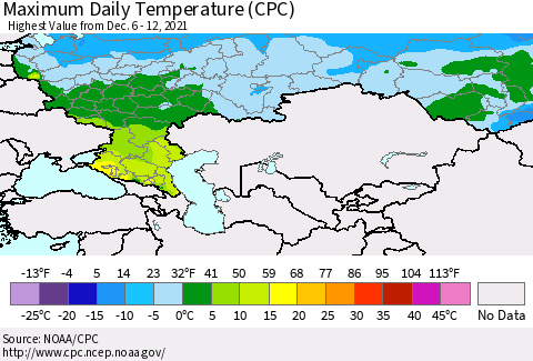 Russian Federation Maximum Daily Temperature (CPC) Thematic Map For 12/6/2021 - 12/12/2021