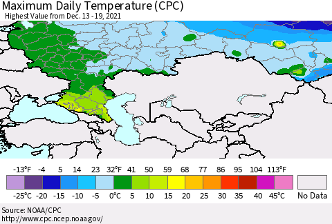 Russian Federation Maximum Daily Temperature (CPC) Thematic Map For 12/13/2021 - 12/19/2021