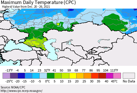 Russian Federation Maximum Daily Temperature (CPC) Thematic Map For 12/20/2021 - 12/26/2021