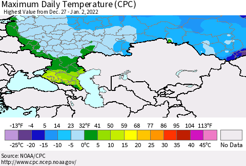 Russian Federation Maximum Daily Temperature (CPC) Thematic Map For 12/27/2021 - 1/2/2022