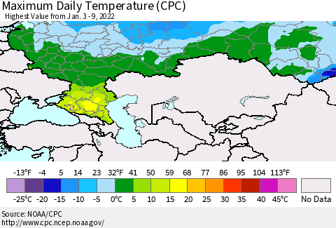 Russian Federation Maximum Daily Temperature (CPC) Thematic Map For 1/3/2022 - 1/9/2022