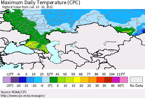 Russian Federation Maximum Daily Temperature (CPC) Thematic Map For 1/10/2022 - 1/16/2022
