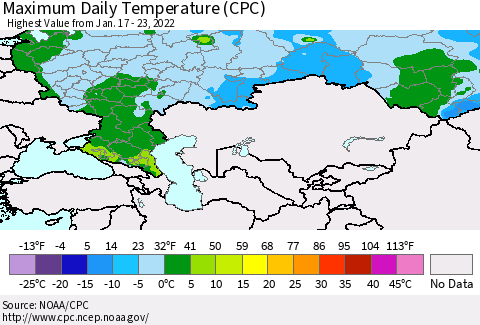 Russian Federation Maximum Daily Temperature (CPC) Thematic Map For 1/17/2022 - 1/23/2022