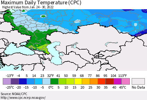 Russian Federation Maximum Daily Temperature (CPC) Thematic Map For 1/24/2022 - 1/30/2022