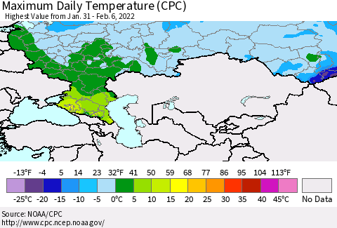 Russian Federation Maximum Daily Temperature (CPC) Thematic Map For 1/31/2022 - 2/6/2022