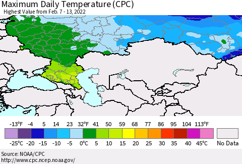 Russian Federation Maximum Daily Temperature (CPC) Thematic Map For 2/7/2022 - 2/13/2022