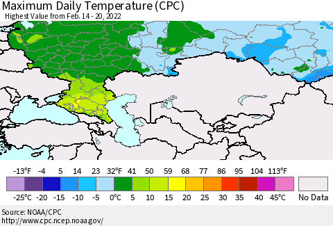 Russian Federation Maximum Daily Temperature (CPC) Thematic Map For 2/14/2022 - 2/20/2022