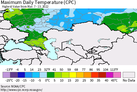 Russian Federation Maximum Daily Temperature (CPC) Thematic Map For 3/7/2022 - 3/13/2022