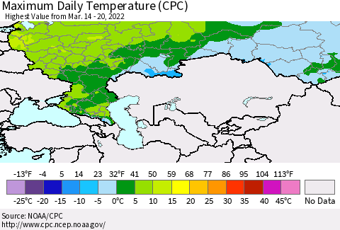 Russian Federation Maximum Daily Temperature (CPC) Thematic Map For 3/14/2022 - 3/20/2022