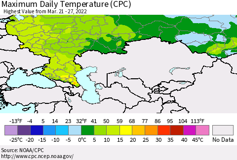 Russian Federation Maximum Daily Temperature (CPC) Thematic Map For 3/21/2022 - 3/27/2022